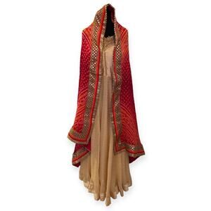Anarkali Suit With Bandhani Dupatta Royal Neckline Gold Embellishment